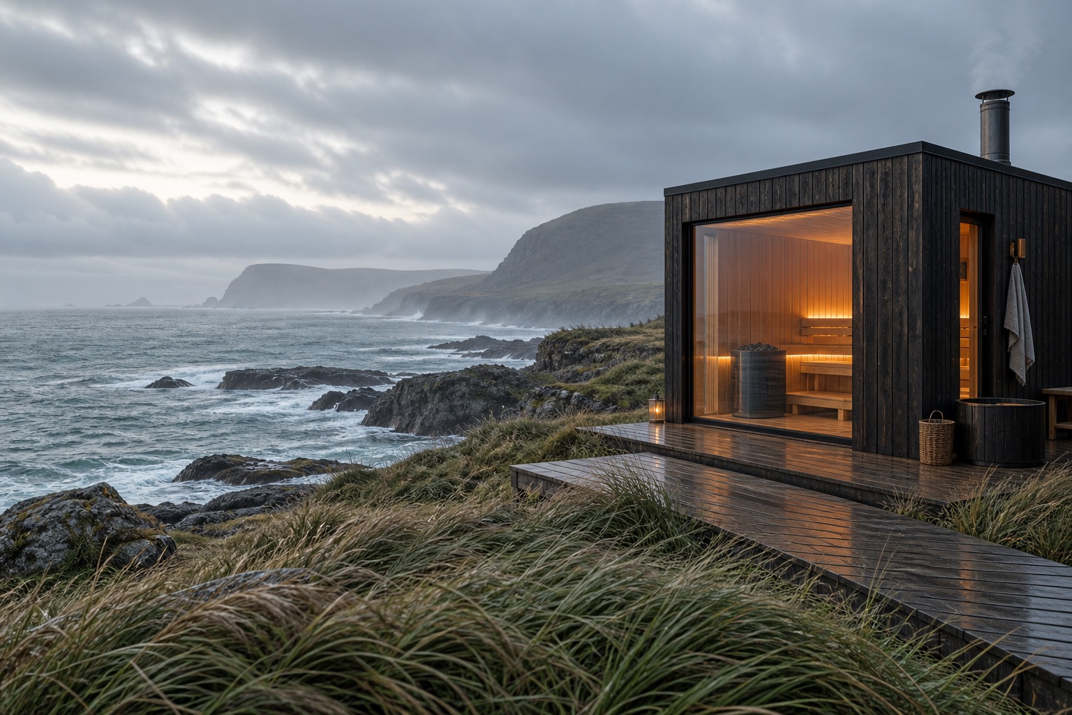 A concept of a glowing timber sauna overlooking a wild Atlantic coastline